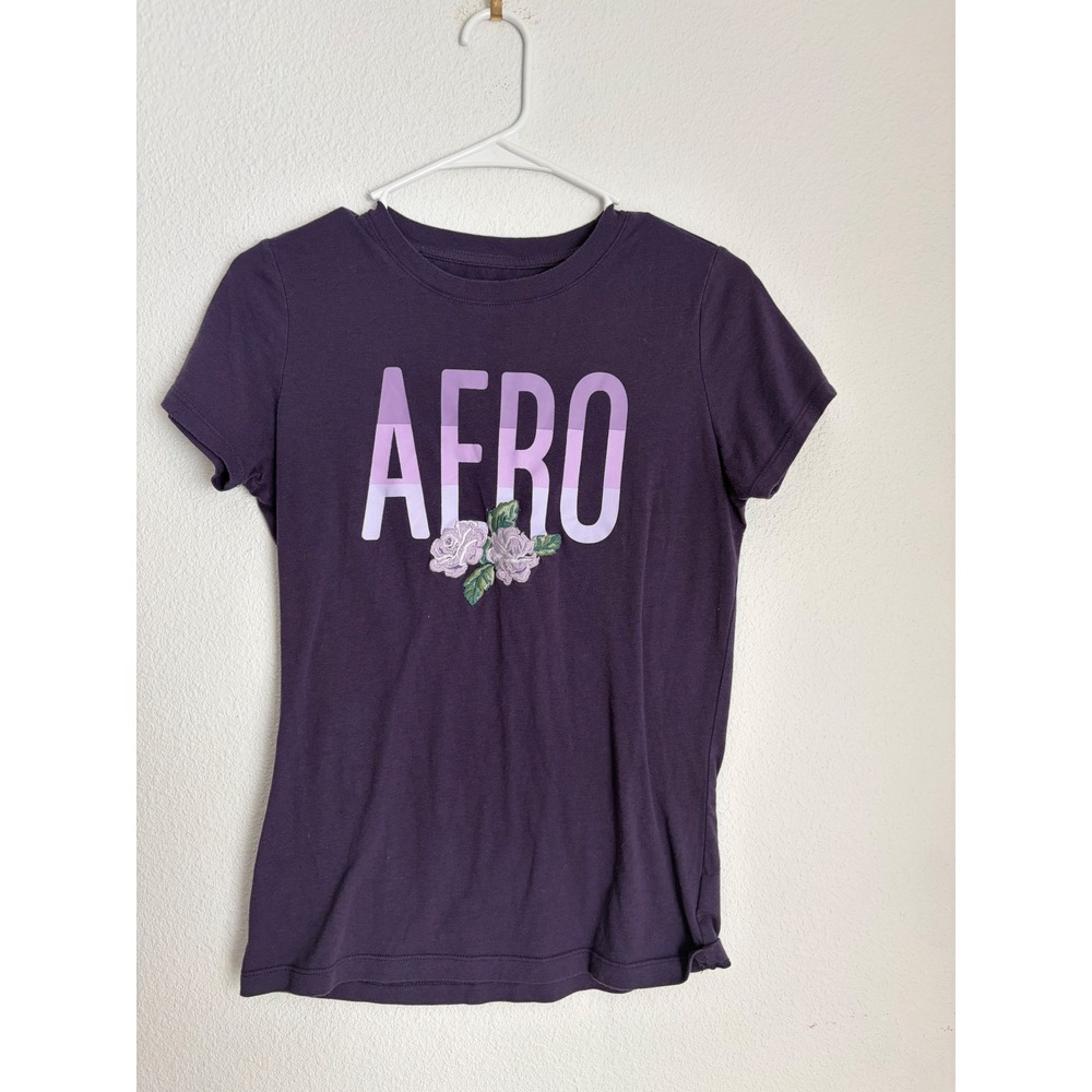 Aeropostale Womens Purple Graphic Tee AERO Floral Rose Embroidered Size Medium‎